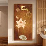 Tranh treo tường in vải canvas hoa sen thư pháp khổ dọc tông nâu 50 x 100 cm Phòng Khách Treo Phòng Decor Tường