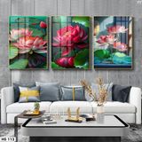 Bộ 3 tranh tráng gương cao cấp. Chủ đề Hoa Sen Phòng Khách Decor Phòng Treo Tường Đồng Decor Tường