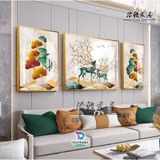 A13 Bộ 3 Tranh Treo Tường Phòng Khách/ Ngủ/ Đại sảnh Decor Nhà Nghỉ Khách Sạn Hươu Lông Vuc trừu tượng Tráng Gương