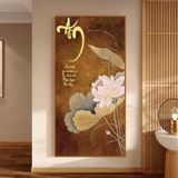 Tranh treo tường in vải canvas hoa sen thư pháp khổ dọc tông nâu 50 x 100 cm Phòng Khách Treo Phòng Decor Tường