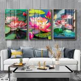 Bộ 3 tranh tráng gương cao cấp. Chủ đề Hoa Sen Phòng Khách Decor Phòng Treo Tường Đồng Decor Tường