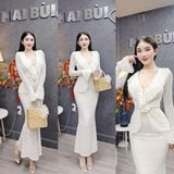 S237: Set Đầm Gồm Áo Tay Loe Ren Cổ Bèo, Chân Váy Đuôi Cá Ren Lông Vũ Body Mai Bùi Store Nữ