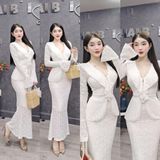 S237: Set Đầm Gồm Áo Tay Loe Ren Cổ Bèo, Chân Váy Đuôi Cá Ren Lông Vũ Body Mai Bùi Store Nữ