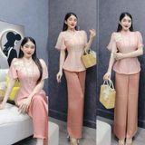 S9 - Set Bộ Đồ Lam Bao Gồm: Áo Vạt Bầu Tay Loe, Quần Suông Mai Bùi Store (Tặng Tag Hoa Cài Áo)