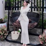 S237: Set Đầm Gồm Áo Tay Loe Ren Cổ Bèo, Chân Váy Đuôi Cá Ren Lông Vũ Body Mai Bùi Store Nữ