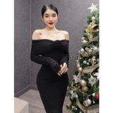 D225 - Đầm Ren Bẹt Vai Tay Dài Đuôi Cá Mai Bùi Store ( Tặng Kèm Tag Hoa)