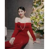 D225 - Đầm Ren Bẹt Vai Tay Dài Đuôi Cá Mai Bùi Store ( Tặng Kèm Tag Hoa)