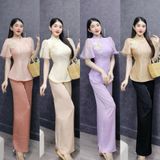 S9 - Set Bộ Đồ Lam Bao Gồm: Áo Vạt Bầu Tay Loe, Quần Suông Mai Bùi Store (Tặng Tag Hoa Cài Áo)