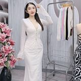 S1 - Set Áo Kèm Chân Váy: Áo Ren Hoa Nổi Tay Loe Kèm Chân Váy Phi Lụa Đuôi Cá