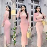 D26 - Đầm Body Thiết Kế Khoét Cổ Xẻ Tà Tặng Kèm Tag Hoa Hồng Len Mai Bùi Store Trơn