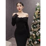 D225 - Đầm Ren Bẹt Vai Tay Dài Đuôi Cá Mai Bùi Store ( Tặng Kèm Tag Hoa)
