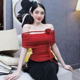 A7 - Áo Bẹt Vai Phối Hoa Len Dệt Mai Bùi Store