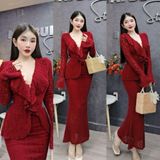 S237: Set Đầm Gồm Áo Tay Loe Ren Cổ Bèo, Chân Váy Đuôi Cá Ren Lông Vũ Body Mai Bùi Store Nữ