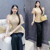 S9 - Set Bộ Đồ Lam Bao Gồm: Áo Vạt Bầu Tay Loe, Quần Suông Mai Bùi Store (Tặng Tag Hoa Cài Áo)