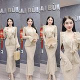 S237: Set Đầm Gồm Áo Tay Loe Ren Cổ Bèo, Chân Váy Đuôi Cá Ren Lông Vũ Body Mai Bùi Store Nữ
