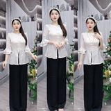 S5 - Set Bộ Đồ Lam Tặng Cài Tóc Như Hình: Áo Lụa Gấm Tay Loe, Quần Lụa Suông Mai Bùi Store