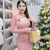 D26 - Đầm Body Thiết Kế Khoét Cổ Xẻ Tà Tặng Kèm Tag Hoa Hồng Len Mai Bùi Store Trơn