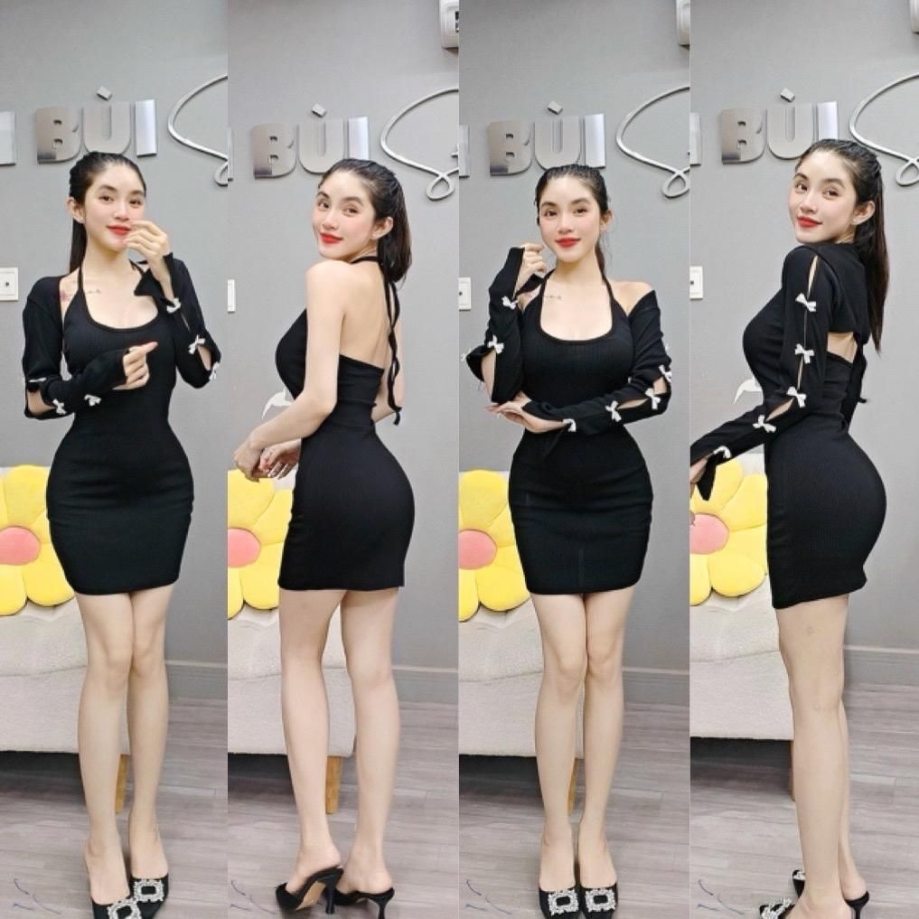D21 - Đầm Body Cổ Yếm Kèm Áo Lửng Tay Phối Nơ Dáng Ngắn Mai Bùi Store