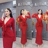 S237: Set Đầm Gồm Áo Tay Loe Ren Cổ Bèo, Chân Váy Đuôi Cá Ren Lông Vũ Body Mai Bùi Store Nữ