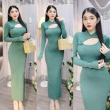 D26 - Đầm Body Thiết Kế Khoét Cổ Xẻ Tà Tặng Kèm Tag Hoa Hồng Len Mai Bùi Store Trơn