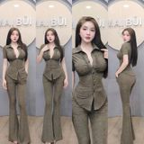S88 - Set Sơ Mi Tay Ngắn Quần Loe Thun Xước Mai Bùi Store ( Dài quần 105cm)