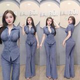 S88 - Set Sơ Mi Tay Ngắn Quần Loe Thun Xước Mai Bùi Store ( Dài quần 105cm)