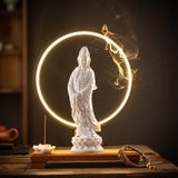 Tượng Quan Âm Bồ Tát đèn vòng trang trí Chất liệu gốm sứ + gỗ + kim loại + đèn LED