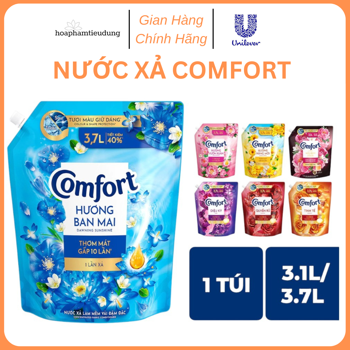 NƯỚC XẢ VẢI COMFORT HƯƠNG NƯỚC HOA LƯU HƯƠNG 100 GIỜ 3.1 - 3.7L