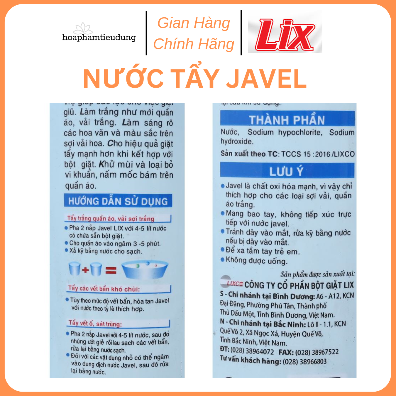 Nước Tẩy Trắng Quần Áo Javel Lix Chai 1-2kg