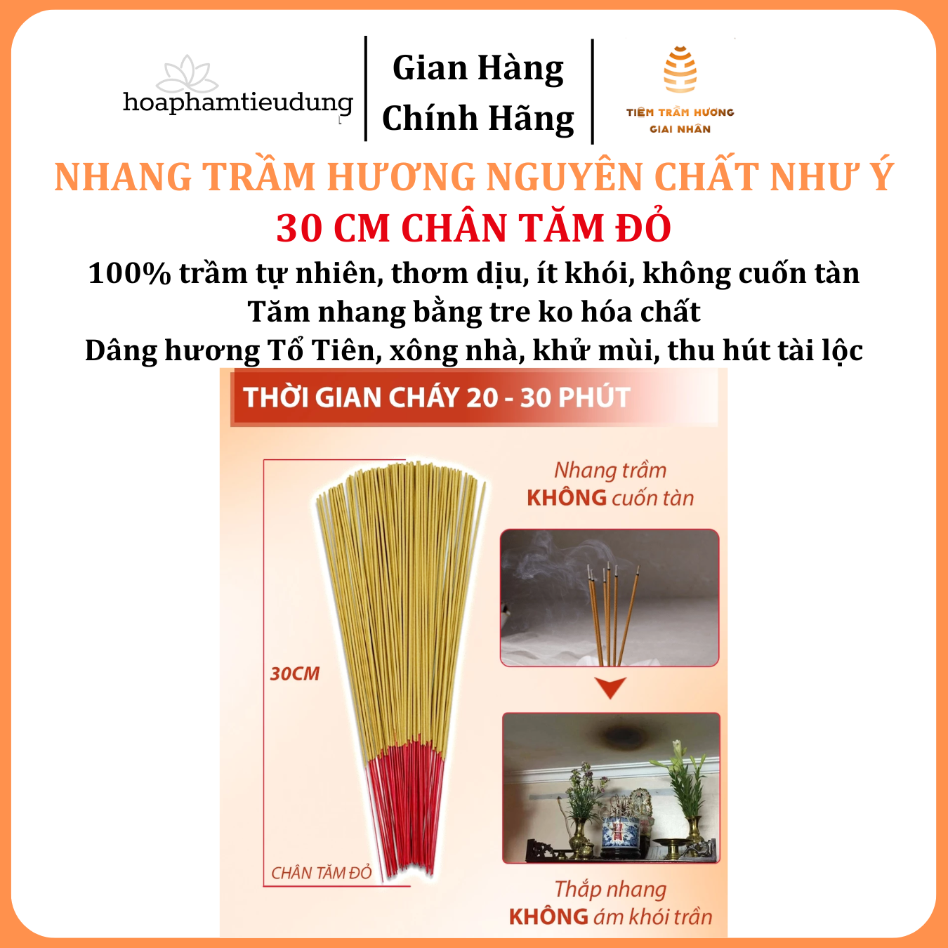Nhang Trầm hương Như Ý phổ thông, tăm đỏ, ít khói, ko cuốn tàn, 30-40cm, hương dịu nhẹ, xông nhà, khử mùi, hút tài lộc