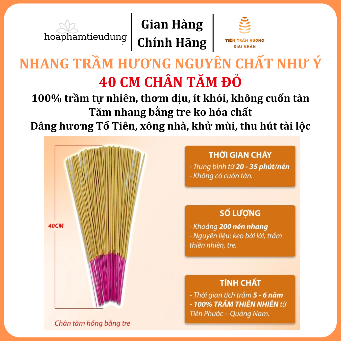 Nhang Trầm hương Như Ý phổ thông, tăm đỏ, ít khói, ko cuốn tàn, 30-40cm, hương dịu nhẹ, xông nhà, khử mùi, hút tài lộc