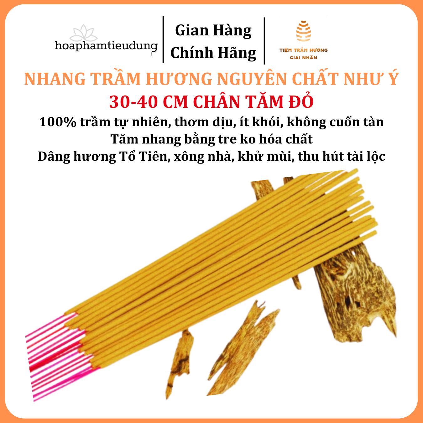 Nhang Trầm hương Như Ý phổ thông, tăm đỏ, ít khói, ko cuốn tàn, 30-40cm, hương dịu nhẹ, xông nhà, khử mùi, hút tài lộc