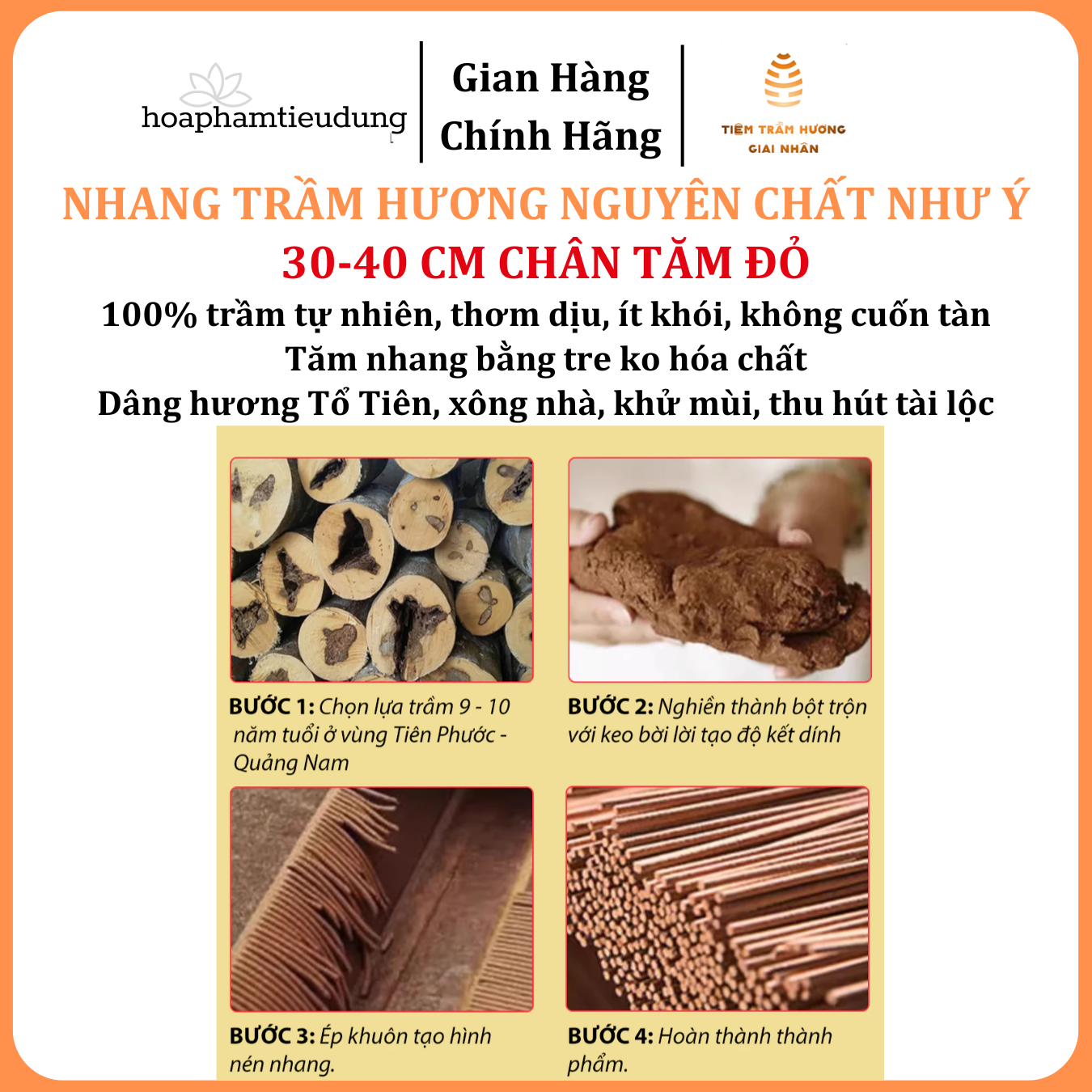 Nhang Trầm hương Như Ý phổ thông, tăm đỏ, ít khói, ko cuốn tàn, 30-40cm, hương dịu nhẹ, xông nhà, khử mùi, hút tài lộc