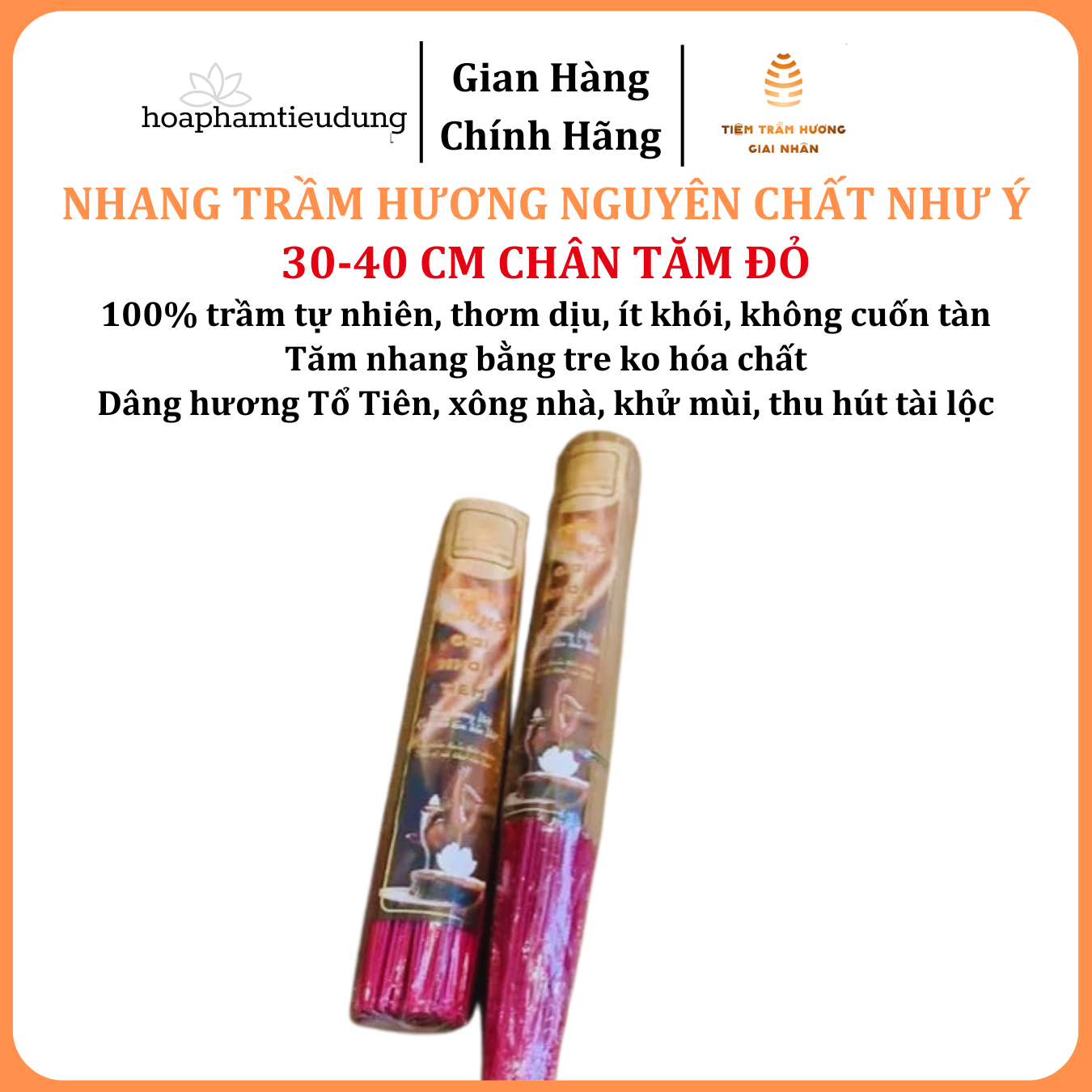 Nhang Trầm hương Như Ý phổ thông, tăm đỏ, ít khói, ko cuốn tàn, 30-40cm, hương dịu nhẹ, xông nhà, khử mùi, hút tài lộc