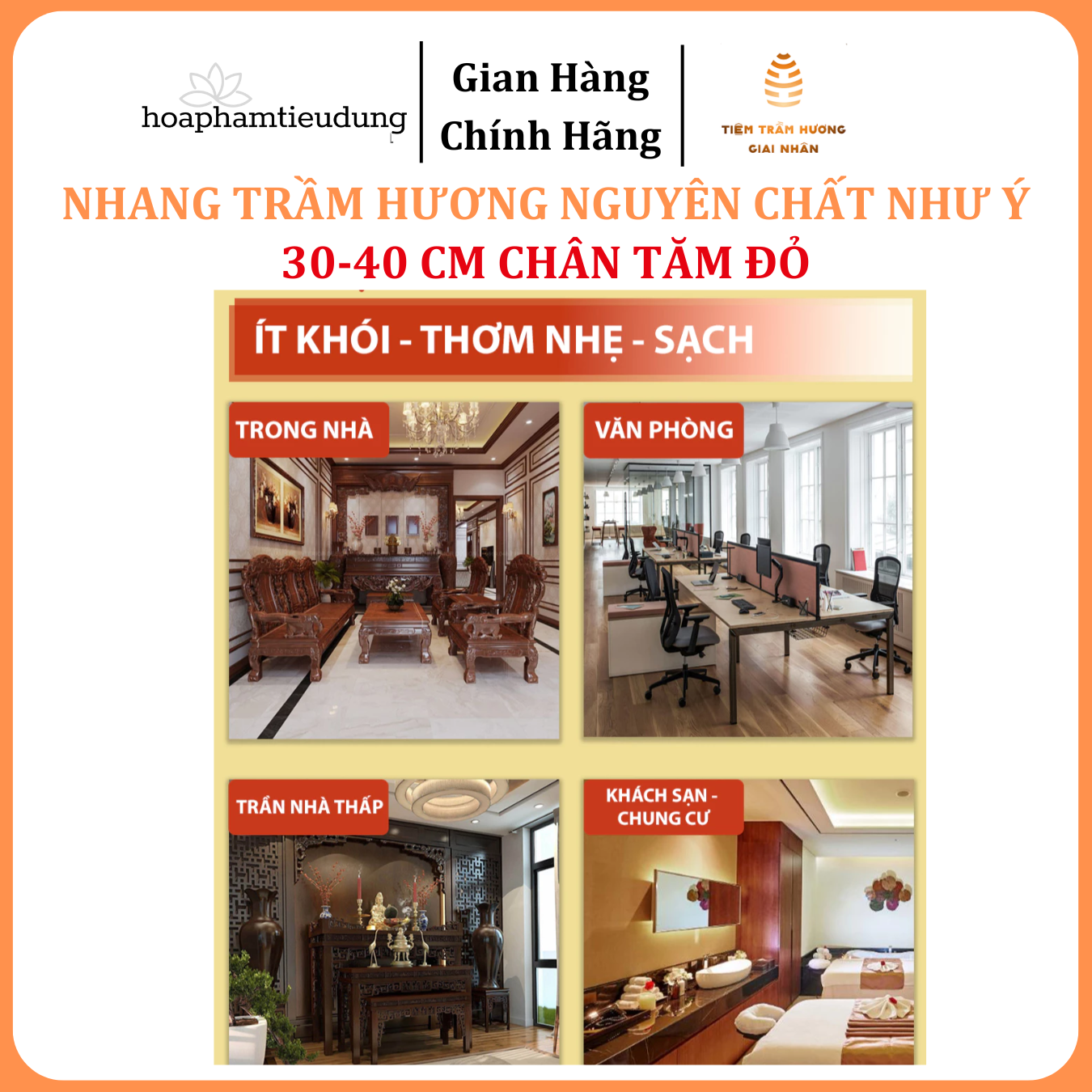 Nhang Trầm hương Như Ý phổ thông, tăm đỏ, ít khói, ko cuốn tàn, 30-40cm, hương dịu nhẹ, xông nhà, khử mùi, hút tài lộc