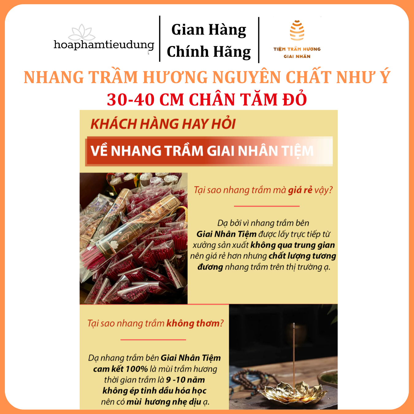 Nhang Trầm hương Như Ý phổ thông, tăm đỏ, ít khói, ko cuốn tàn, 30-40cm, hương dịu nhẹ, xông nhà, khử mùi, hút tài lộc
