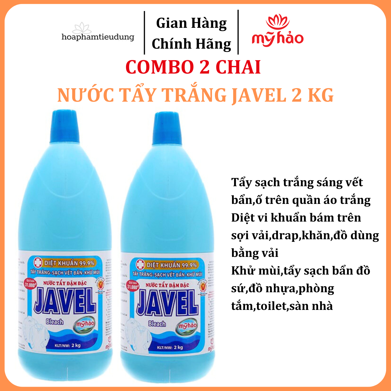 Nước tẩy quần áo trắng Mỹ Hảo Javel 2kg