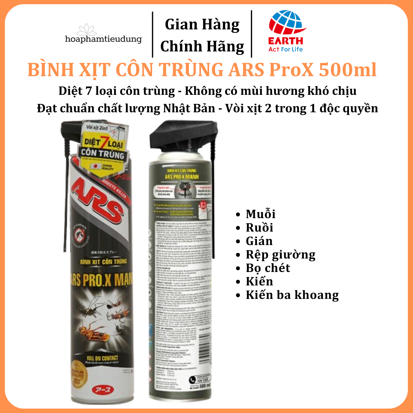 Bình xịt muỗi , côn trùng ARS PRO.X MẠNH diệt 7 loại côn trùng chai 500ml không mùi