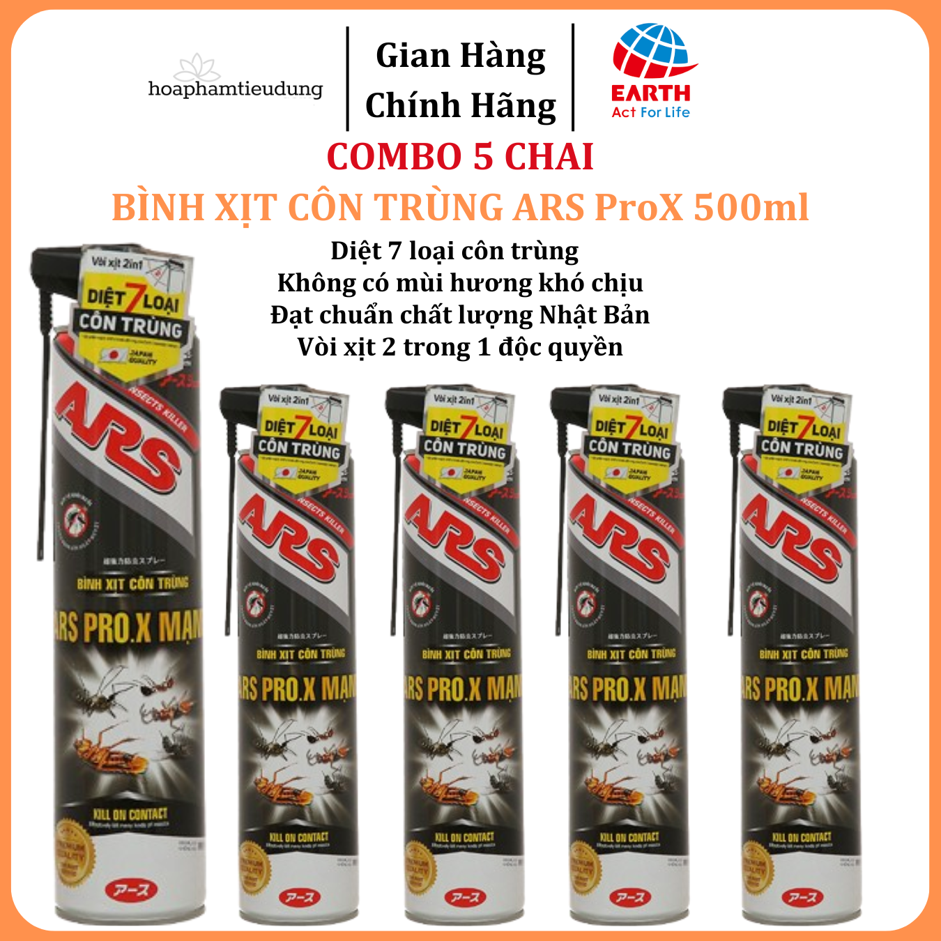 Bình xịt muỗi , côn trùng ARS PRO.X MẠNH diệt 7 loại côn trùng chai 500ml không mùi