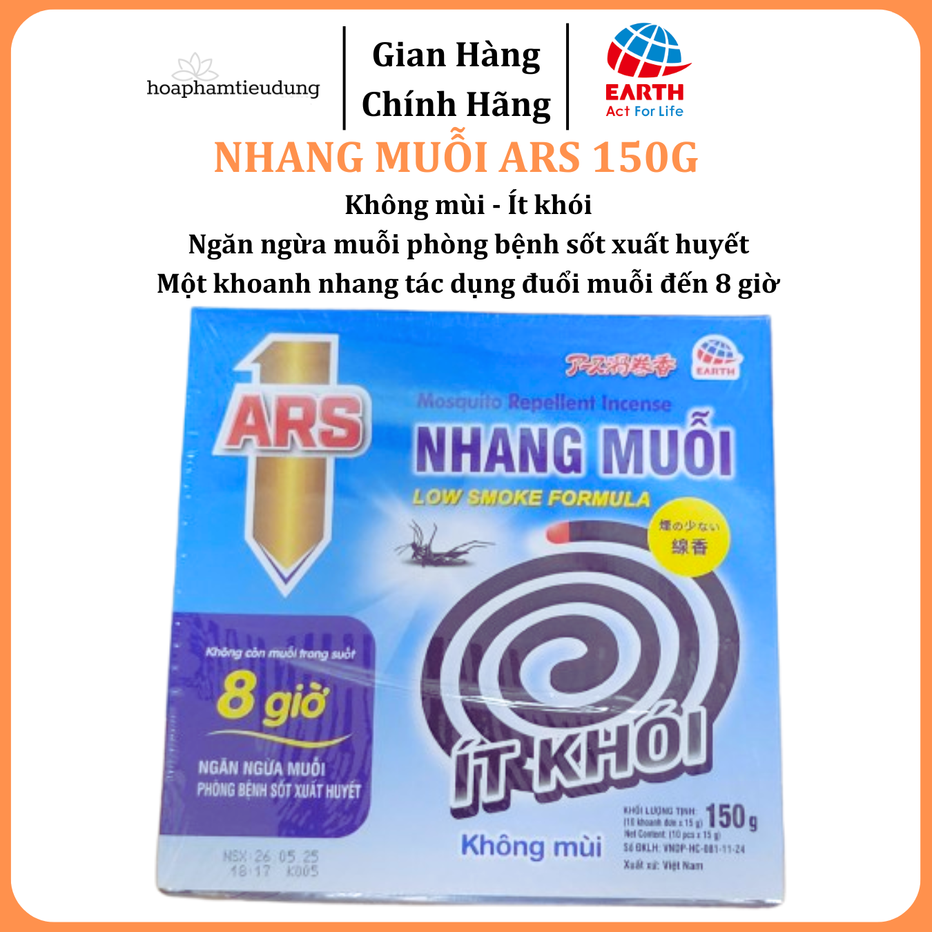 Nhang muỗi ARS 150g Không mùi, Ít khói, đuổi muỗi đến 8 giờ phòng bệnh sốt xuất huyết