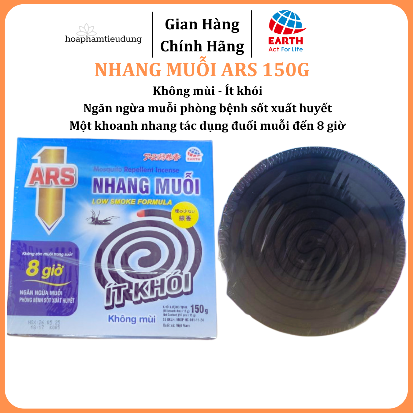 Nhang muỗi ARS 150g Không mùi, Ít khói, đuổi muỗi đến 8 giờ phòng bệnh sốt xuất huyết