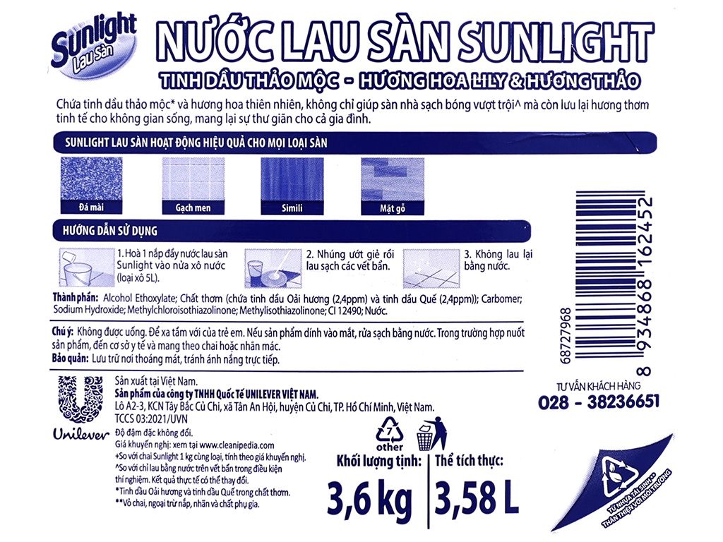 Nước lau sàn Sunlight tinh dầu thảo mộc hương hoa lily và hương thảo can 3.6kg