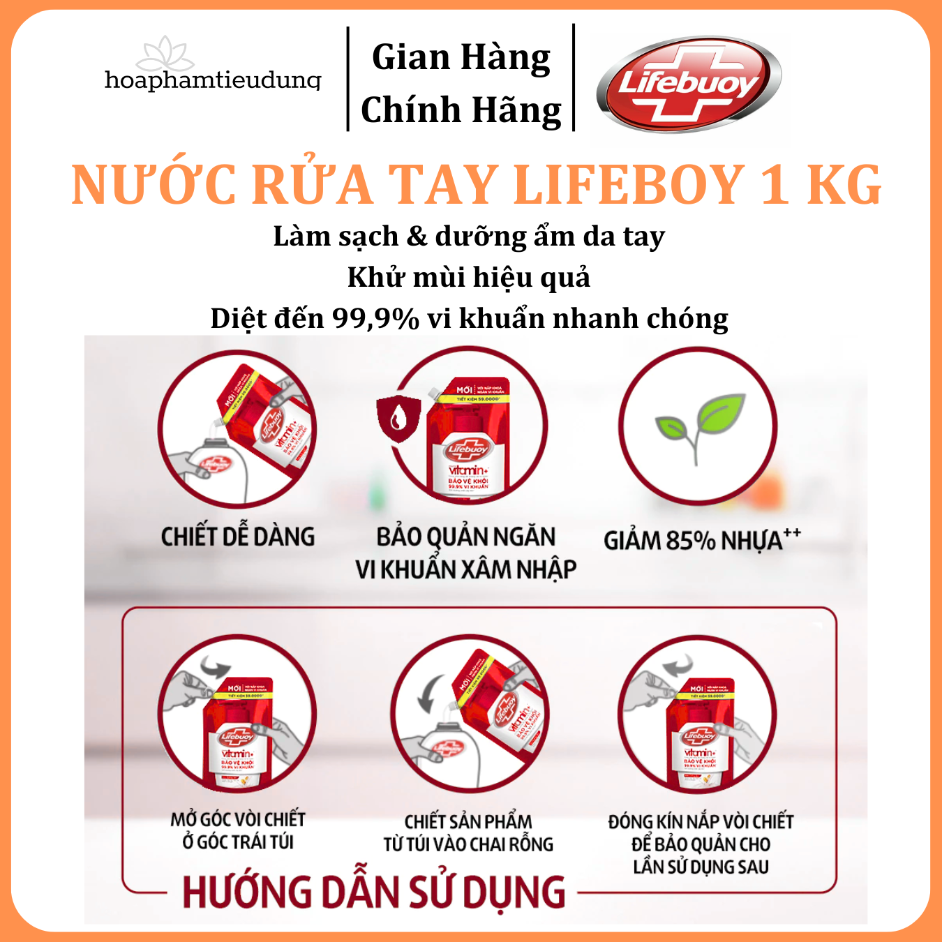 Nước rửa tay sạch khuẩn Lifebuoy Dạng Túi 1 KG có vòi tiện lợi sử dụng