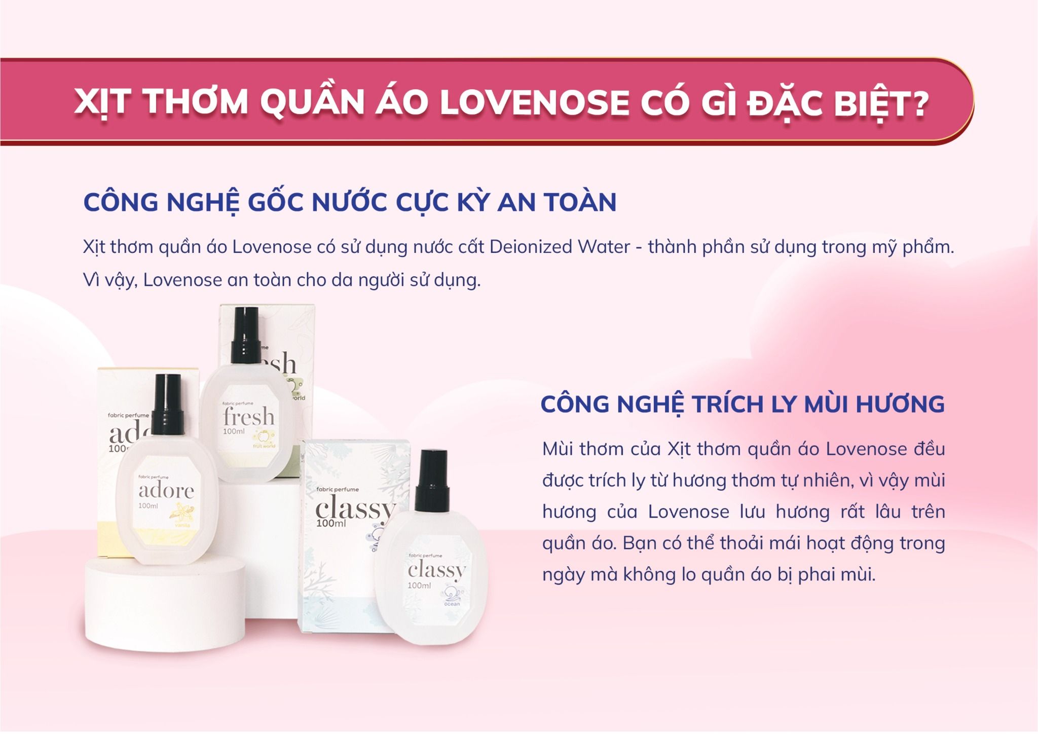 Xịt thơm quần áo Lovenose 100ml chiết xuất tinh dầu thiên nhiên thơm mát khửi mùi hôi, chai xịt thơm tủ quần áo