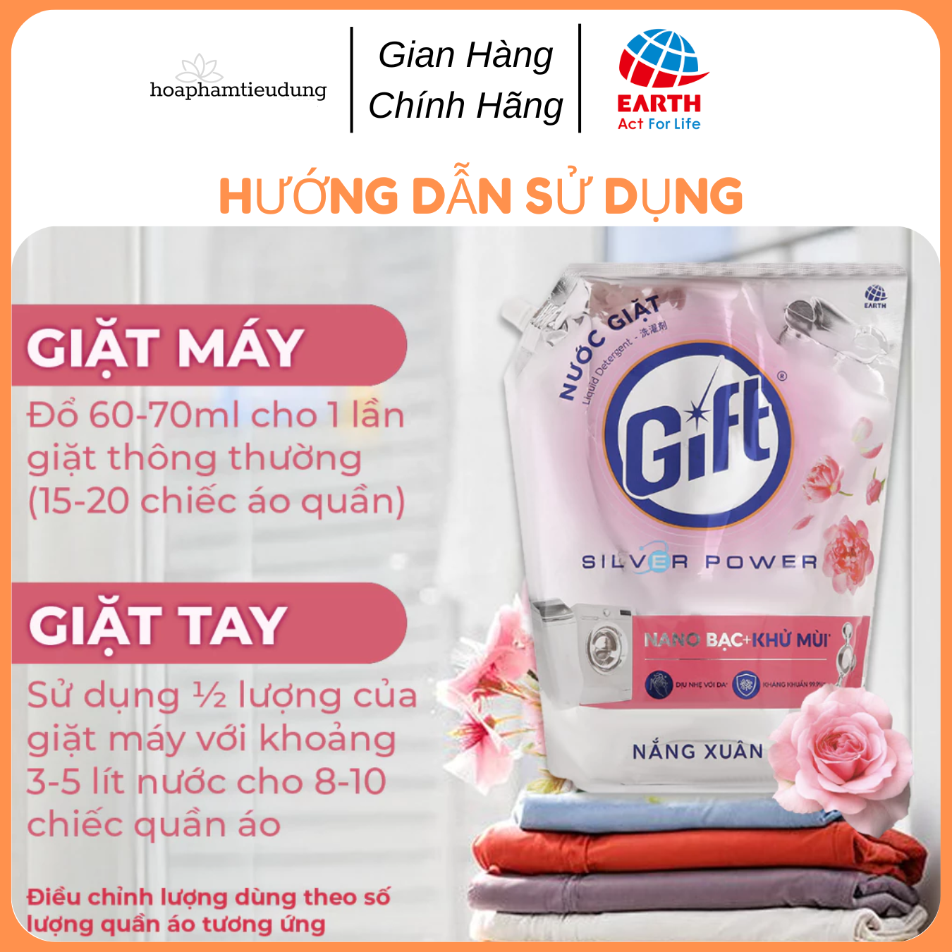 Nước giặt Gift 3.6kg Công nghệ Nano Bạc khử mùi hôi, ẩm mốc trên vải