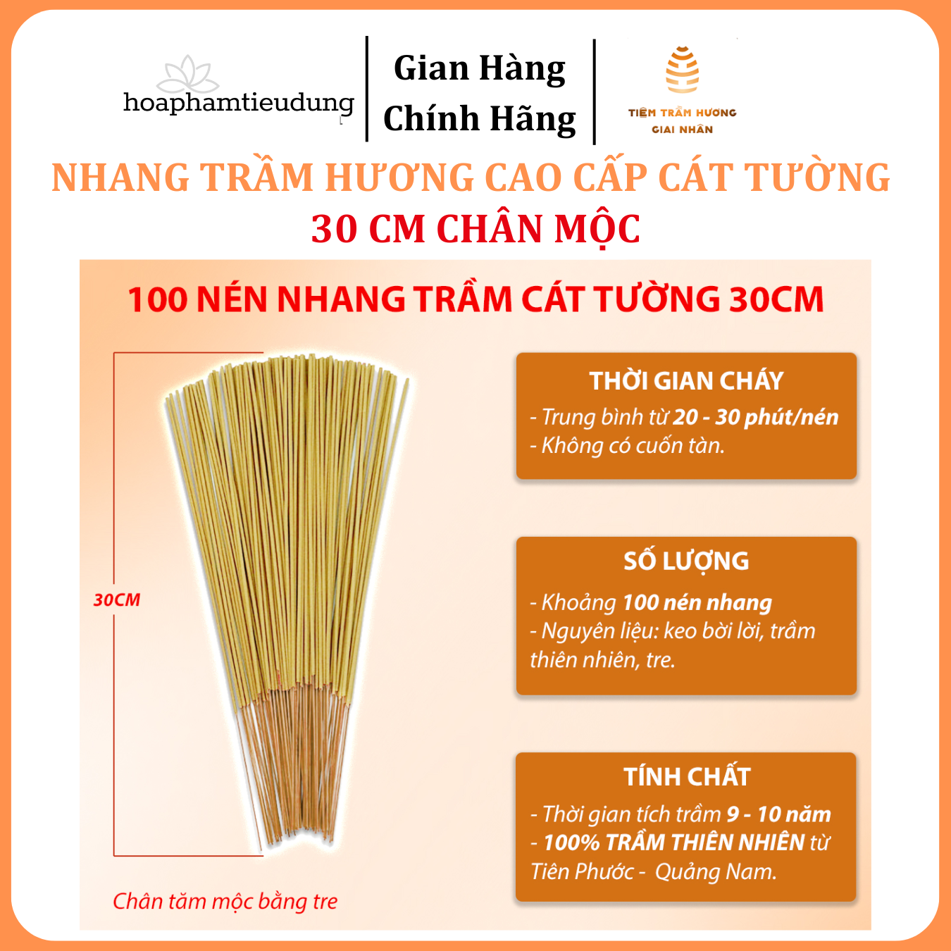 Nhang Trầm hương Cát Tường cao cấp, tăm mộc, ít khói, ko cuốn tàn, 30-40cm, hương dịu nhẹ, xông nhà, khử mùi, hút tài lộc
