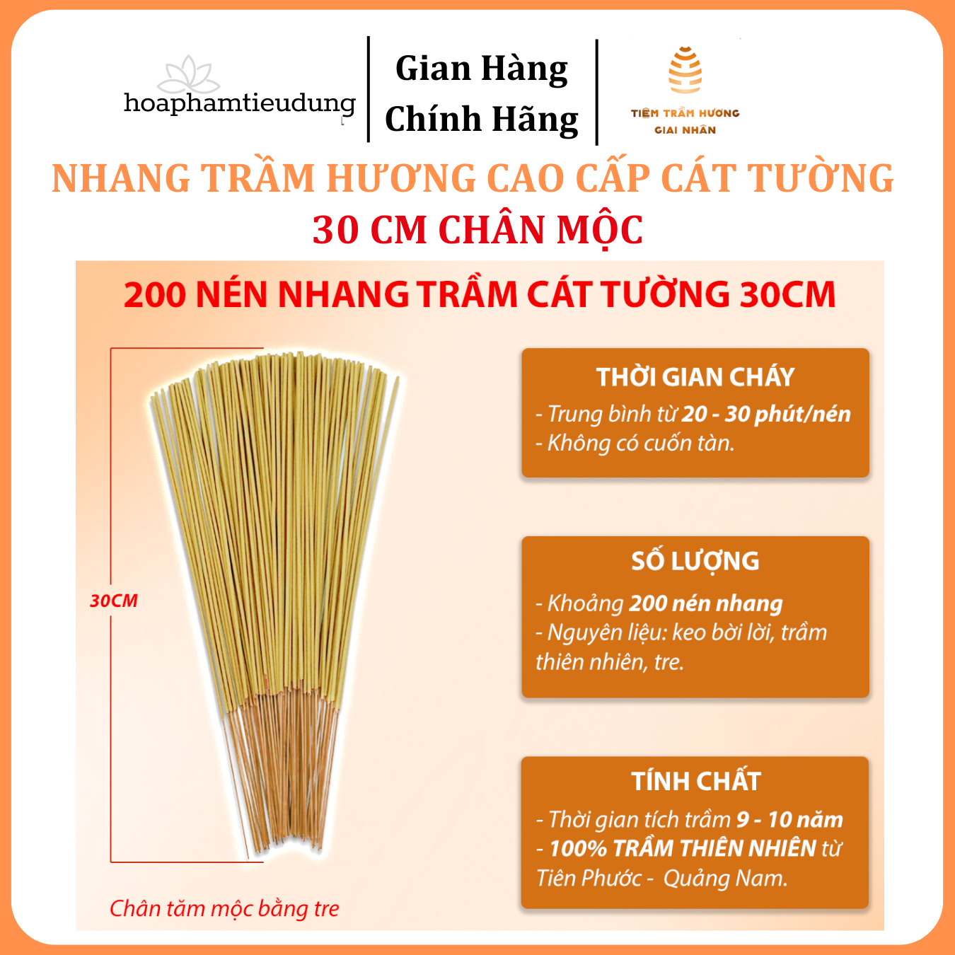Nhang Trầm hương Cát Tường cao cấp, tăm mộc, ít khói, ko cuốn tàn, 30-40cm, hương dịu nhẹ, xông nhà, khử mùi, hút tài lộc