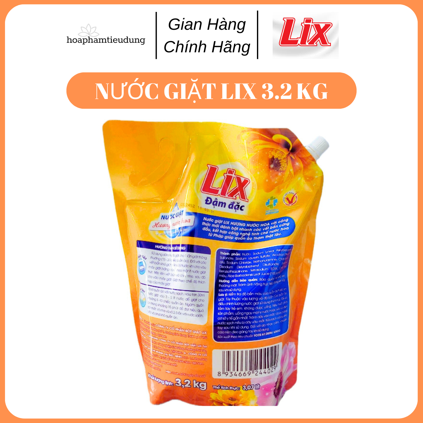 Nước giặt Lix 3.2kg hương nước hoa khử mùi nấm mốc