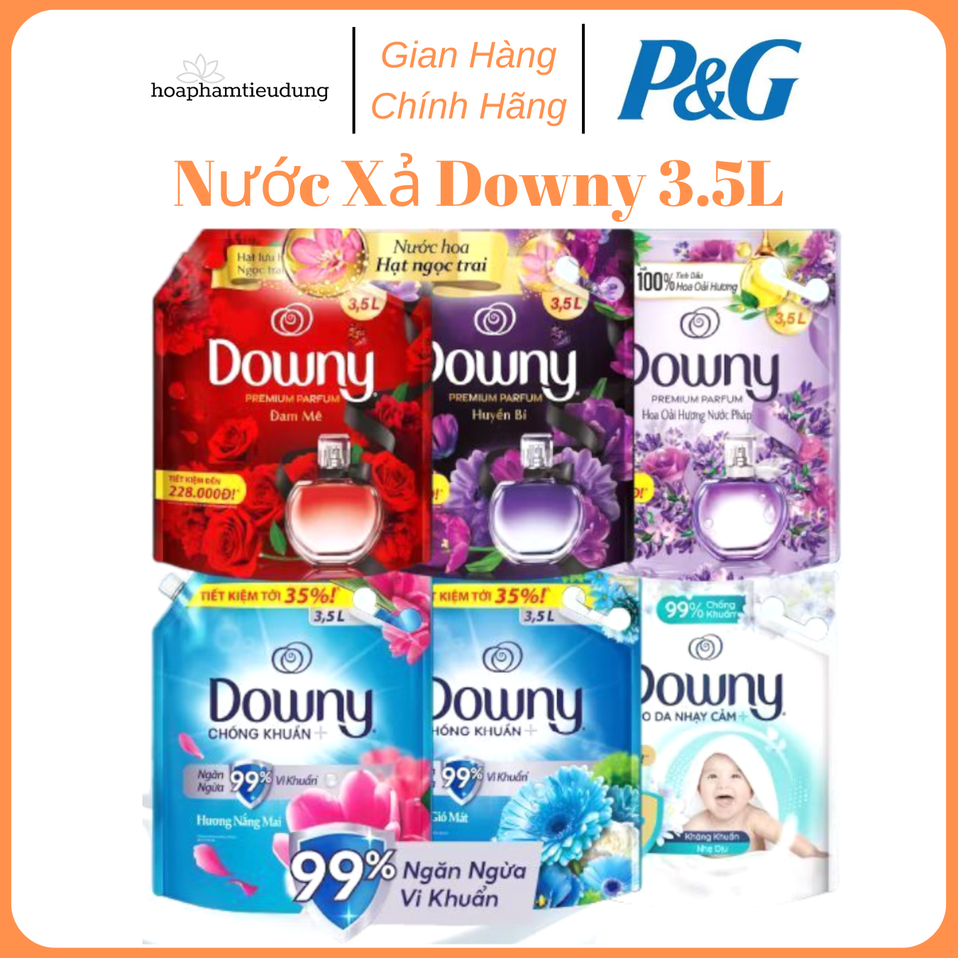 Nước Xả DOWNY Tinh Dầu Thiên Nhiên/ Nước Hoa Cao Cấp/ Chống Khuẩn Nhiều Mùi Hương Túi 3.5L