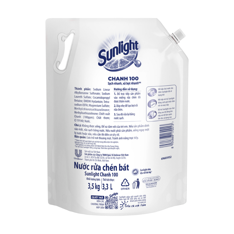Nước rửa chén Sunlight chanh 100 mới đánh bay dầu mỡ cứng đầu túi 3.5kg